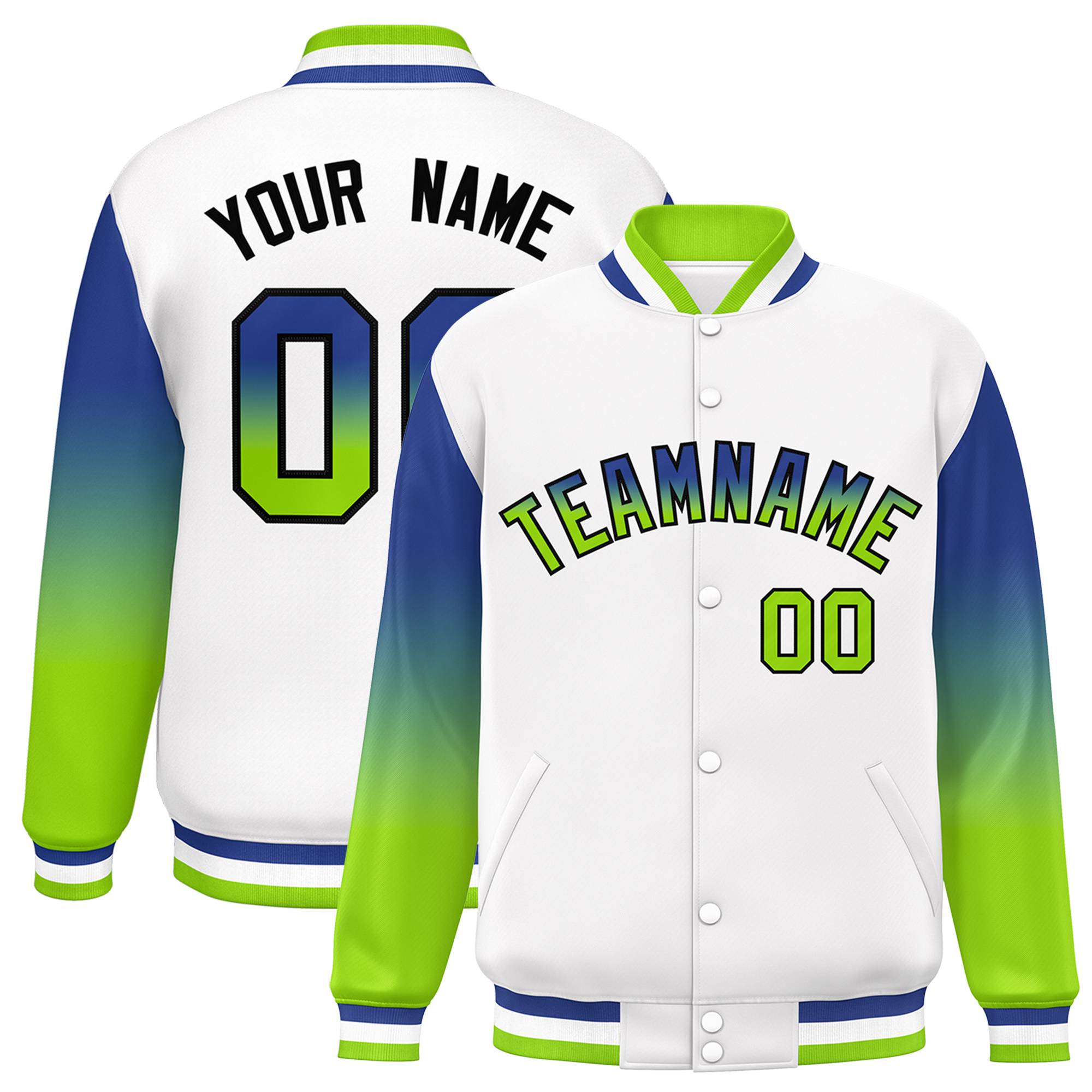 Custom White Royal-Green Gradient Varsity Full-Snap Raglan Sleeves Baseball Jacket