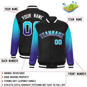 Custom Black Sky Blue-Royal Gradient Varsity Full-Snap Raglan Sleeves Baseball Jacket