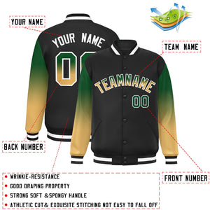 Custom Black Kelly Green-Khaki Gradient Varsity Full-Snap Raglan Sleeves Baseball Jacket