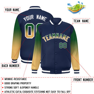 Custom Navy Kelly Green-Khaki Gradient Varsity Full-Snap Raglan Sleeves Baseball Jacket