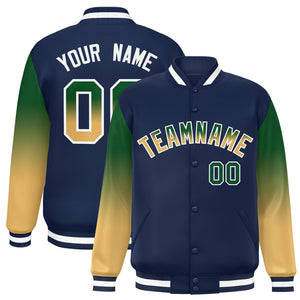 Custom Navy Kelly Green-Khaki Gradient Varsity Full-Snap Raglan Sleeves Baseball Jacket