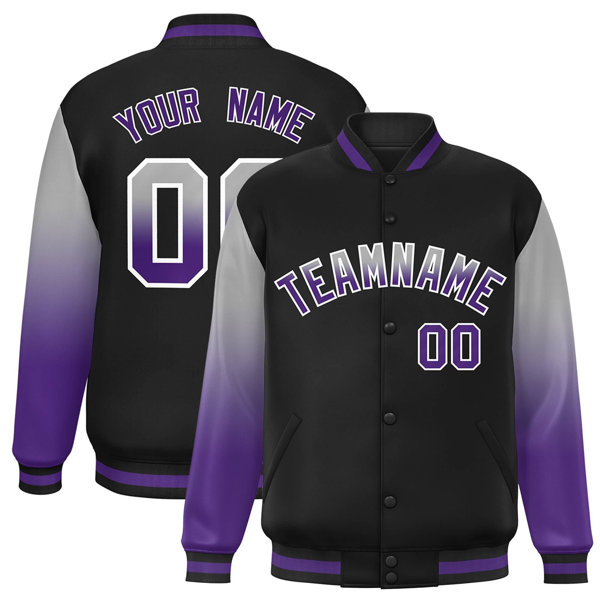 Custom Black Gray-Purple Gradient Varsity Full-Snap Raglan Sleeves Baseball Jacket