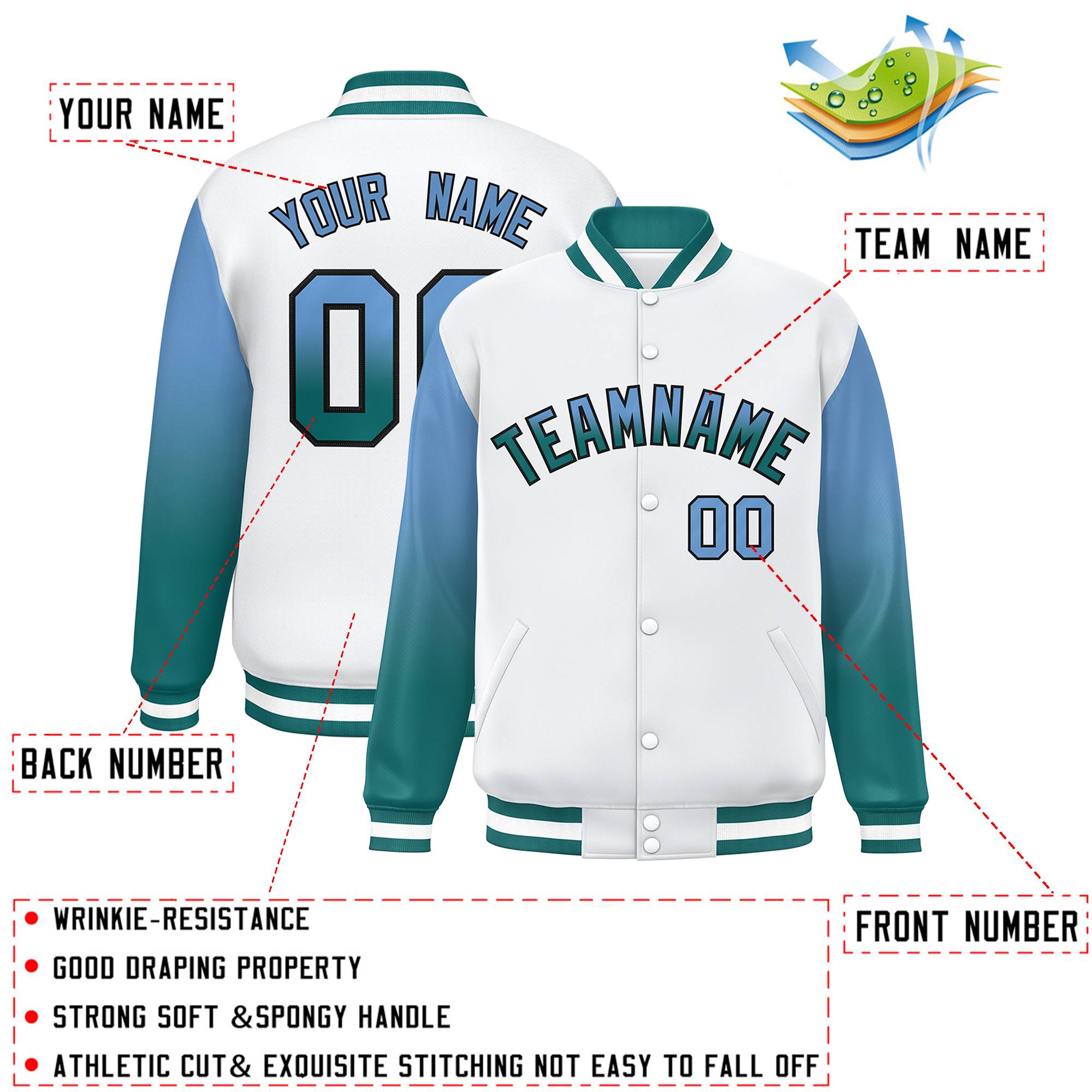 Custom White Light Blue-Aqua Gradient Varsity Full-Snap Raglan Sleeves Baseball Jacket