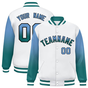 Custom White Light Blue-Aqua Gradient Varsity Full-Snap Raglan Sleeves Baseball Jacket