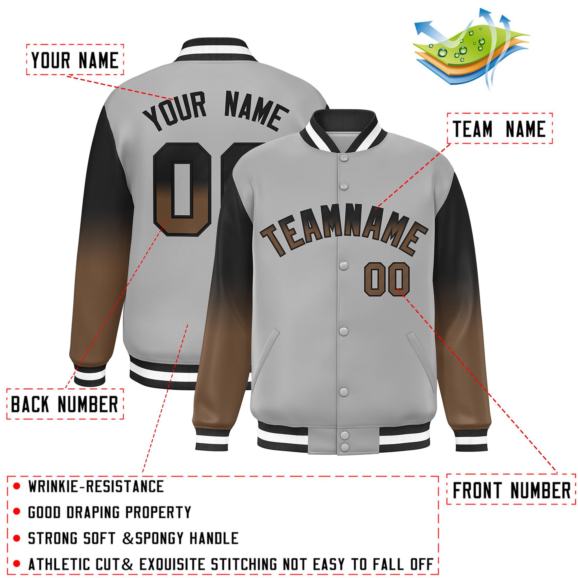 Custom Gray Black-Light Brown Gradient Varsity Full-Snap Raglan Sleeves Baseball Jacket