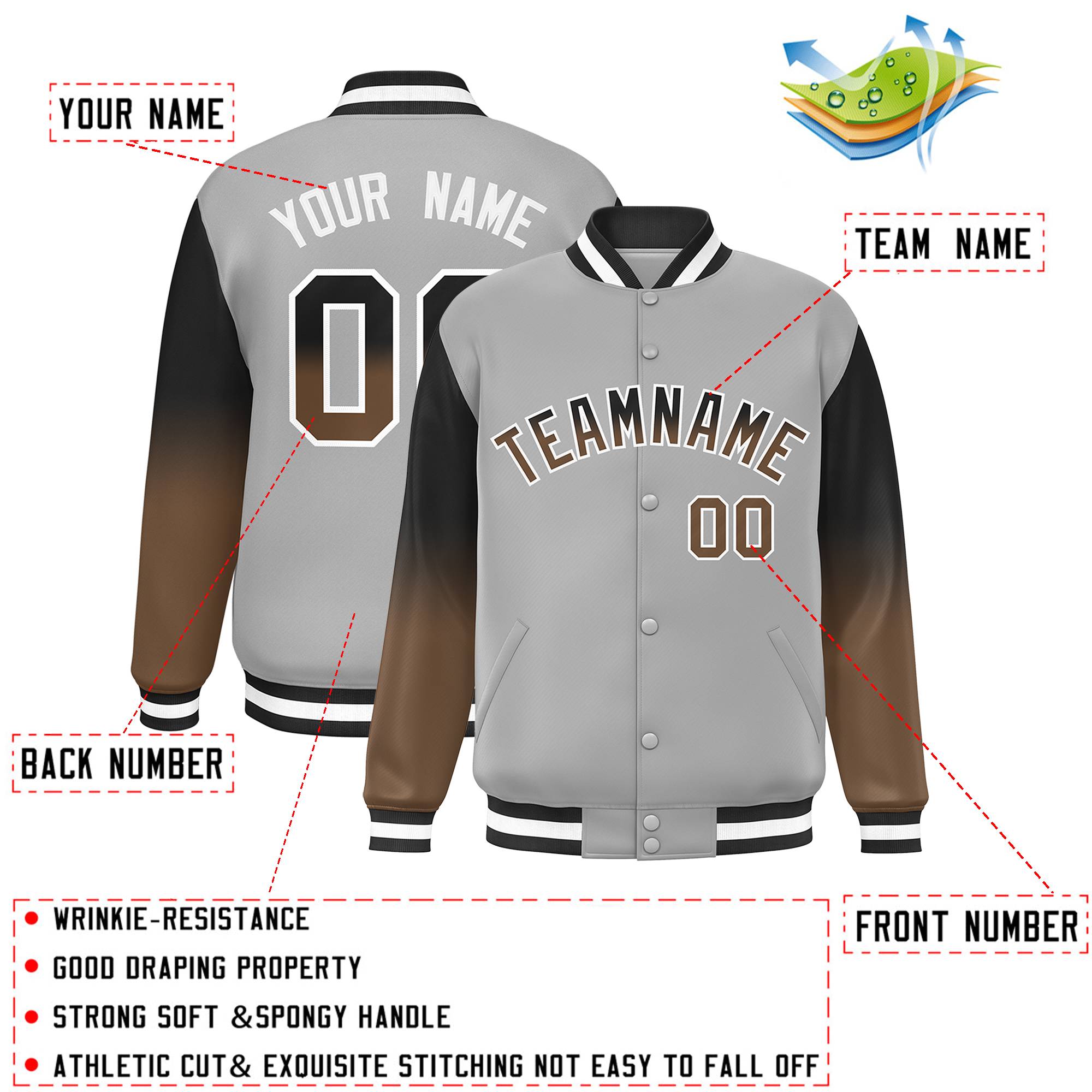 Custom Gray Black-Light Brown Gradient Varsity Full-Snap Raglan Sleeves Baseball Jacket