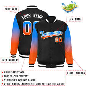 Custom Black Powder Blue-Orange Gradient Varsity Full-Snap Raglan Sleeves Baseball Jacket