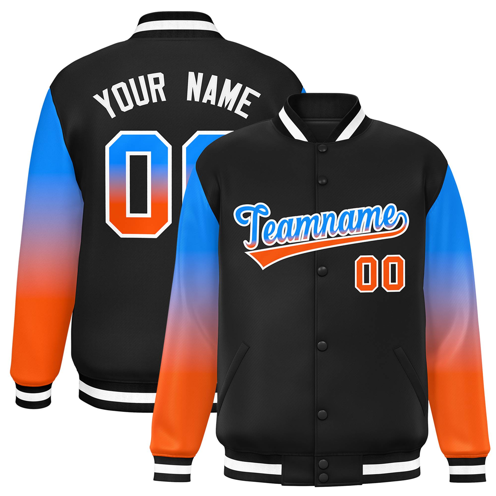 Custom Black Powder Blue-Orange Gradient Varsity Full-Snap Raglan Sleeves Baseball Jacket