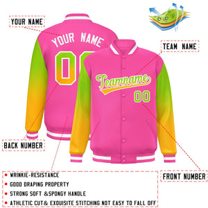 Custom Pink Neon Green-Yellow Gradient Varsity Full-Snap Raglan Sleeves Baseball Jacket