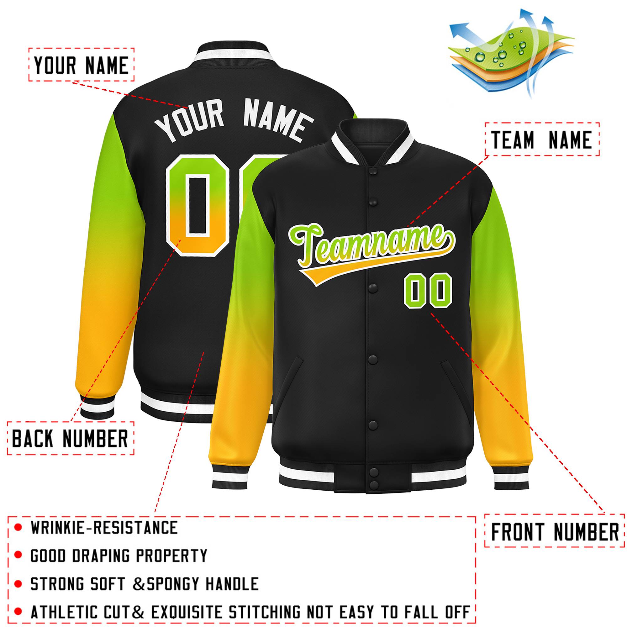 Custom Black Neon Green-Yellow Gradient Varsity Full-Snap Raglan Sleeves Baseball Jacket