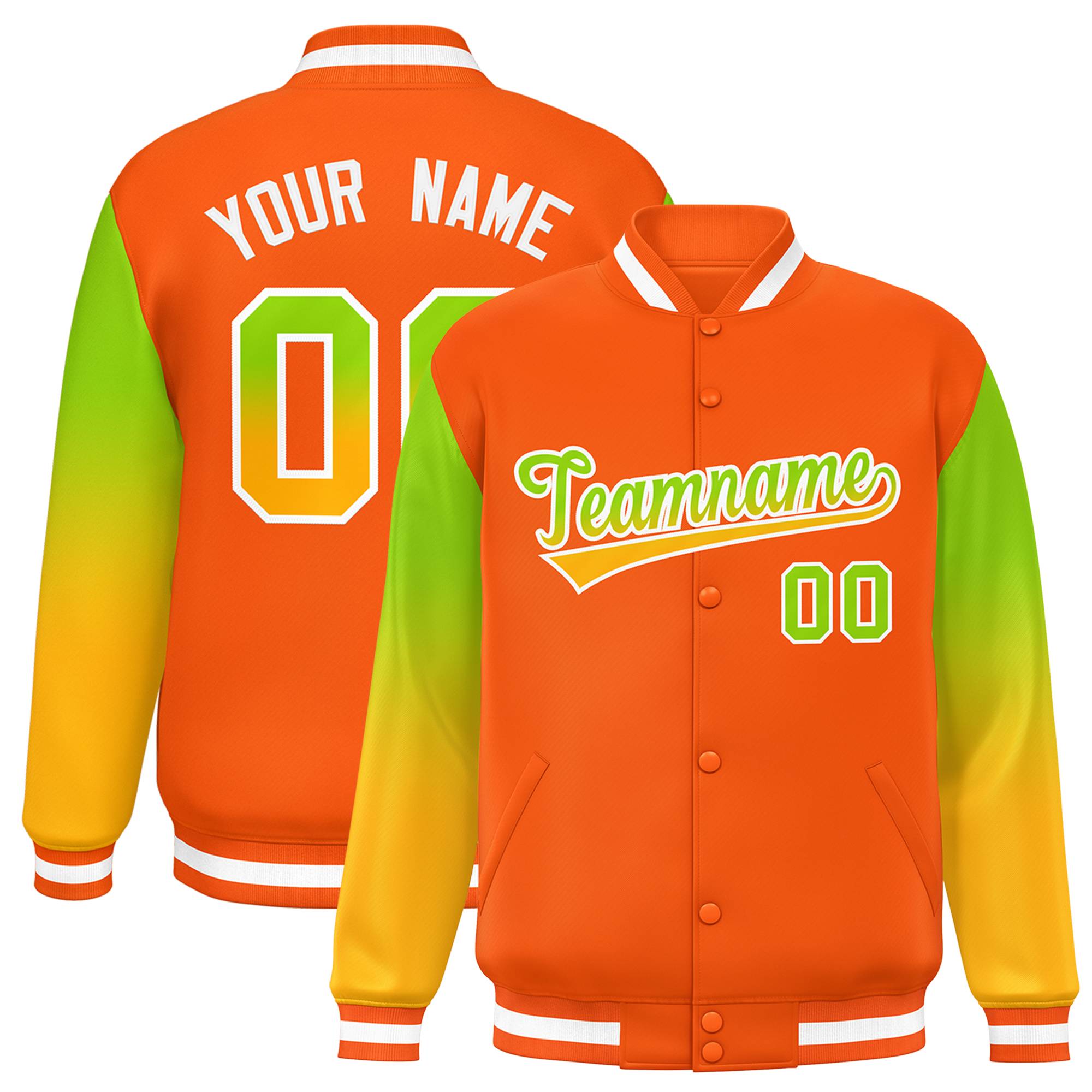 Custom Orange Neon Green-Yellow Gradient Varsity Full-Snap Raglan Sleeves Baseball Jacket