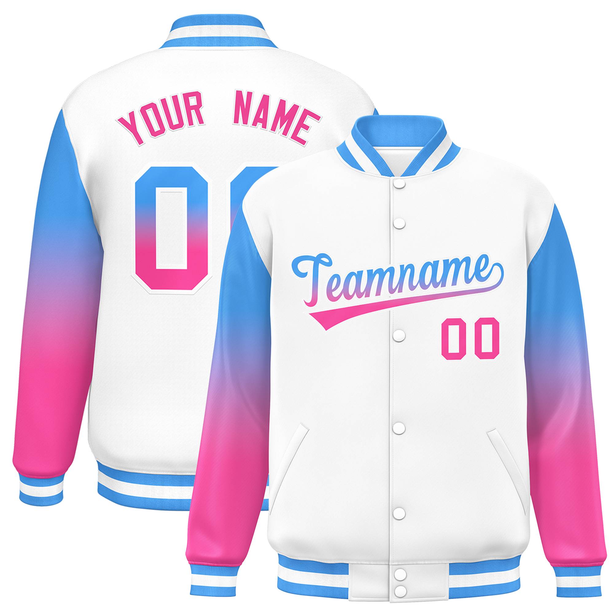 Custom White Powder Blue-Pink Gradient Varsity Full-Snap Raglan Sleeves Baseball Jacket