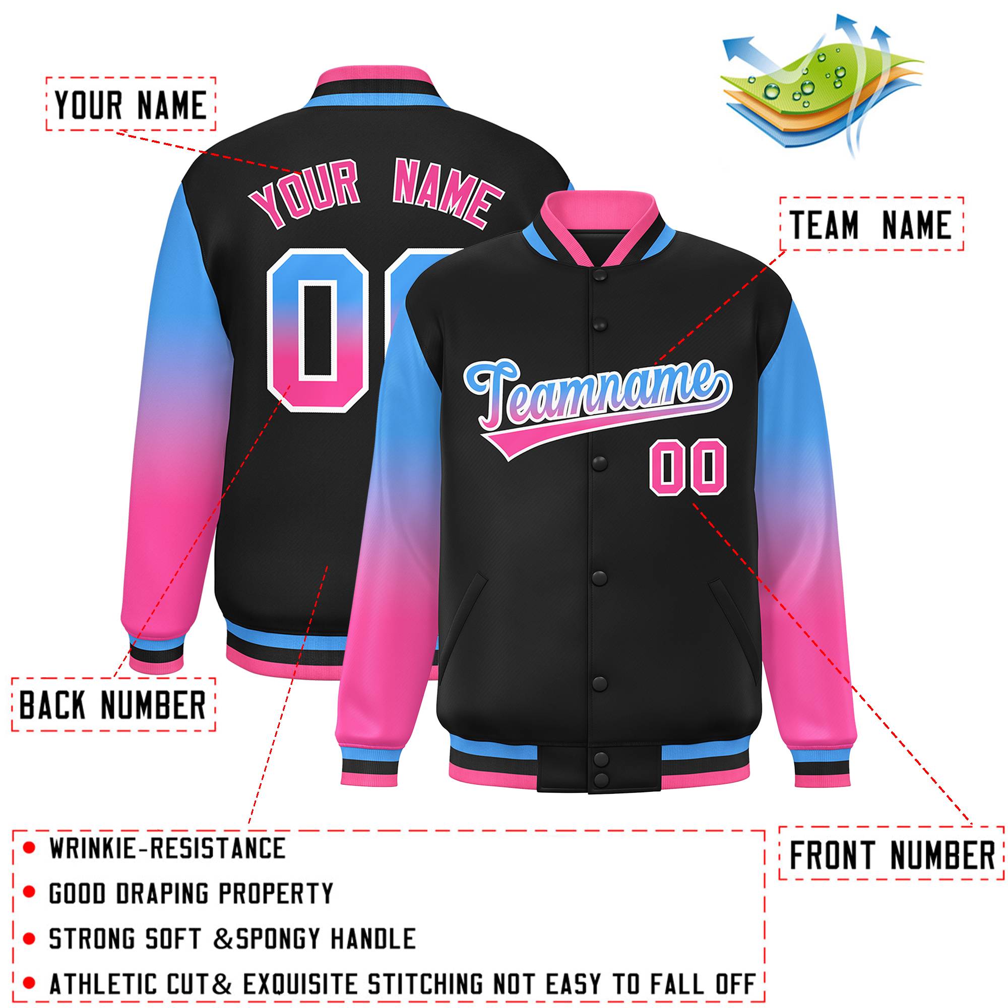 Custom Black Powder Blue-Pink Gradient Varsity Full-Snap Raglan Sleeves Baseball Jacket