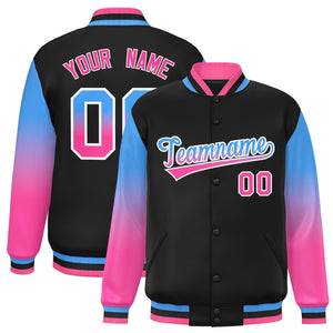 Custom Black Powder Blue-Pink Gradient Varsity Full-Snap Raglan Sleeves Baseball Jacket