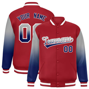 Custom Red Gray-Royal Gradient Varsity Full-Snap Raglan Sleeves Baseball Jacket