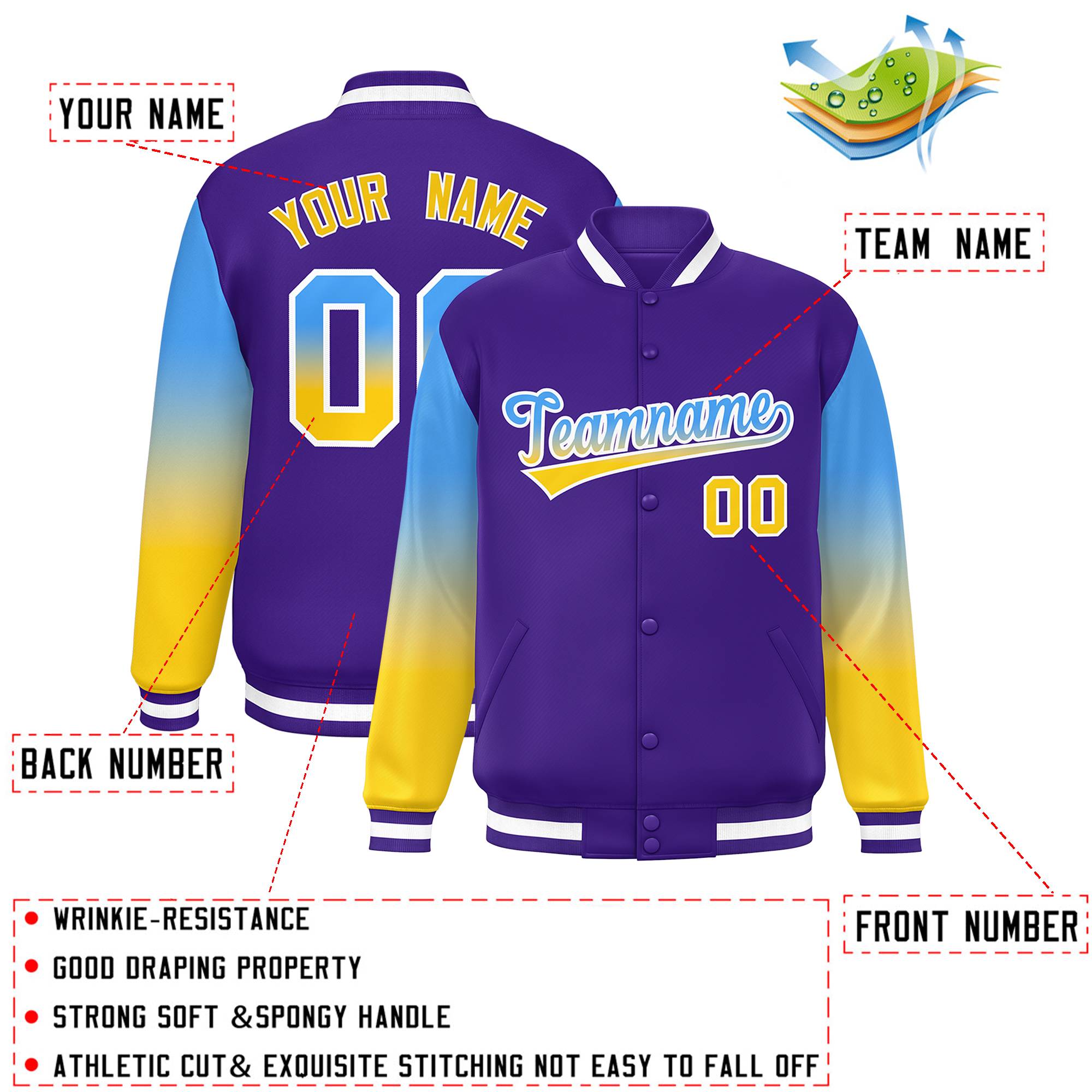 Custom Purple Powder Blue-Gold Gradient Varsity Full-Snap Raglan Sleeves Baseball Jacket