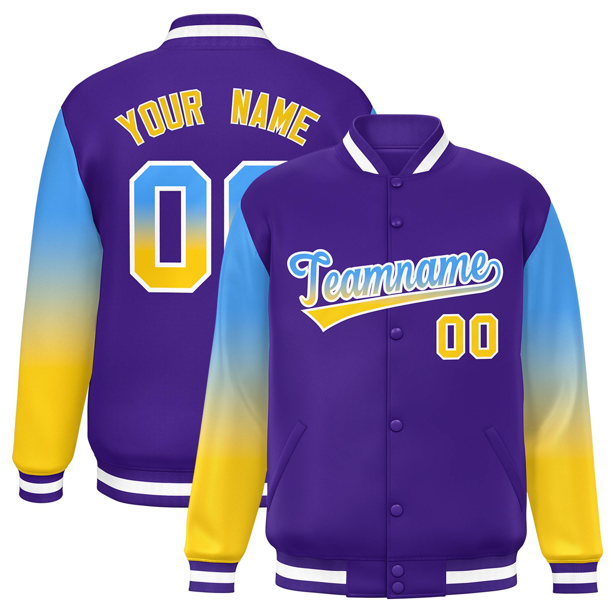 Custom Purple Powder Blue-Gold Gradient Varsity Full-Snap Raglan Sleeves Baseball Jacket