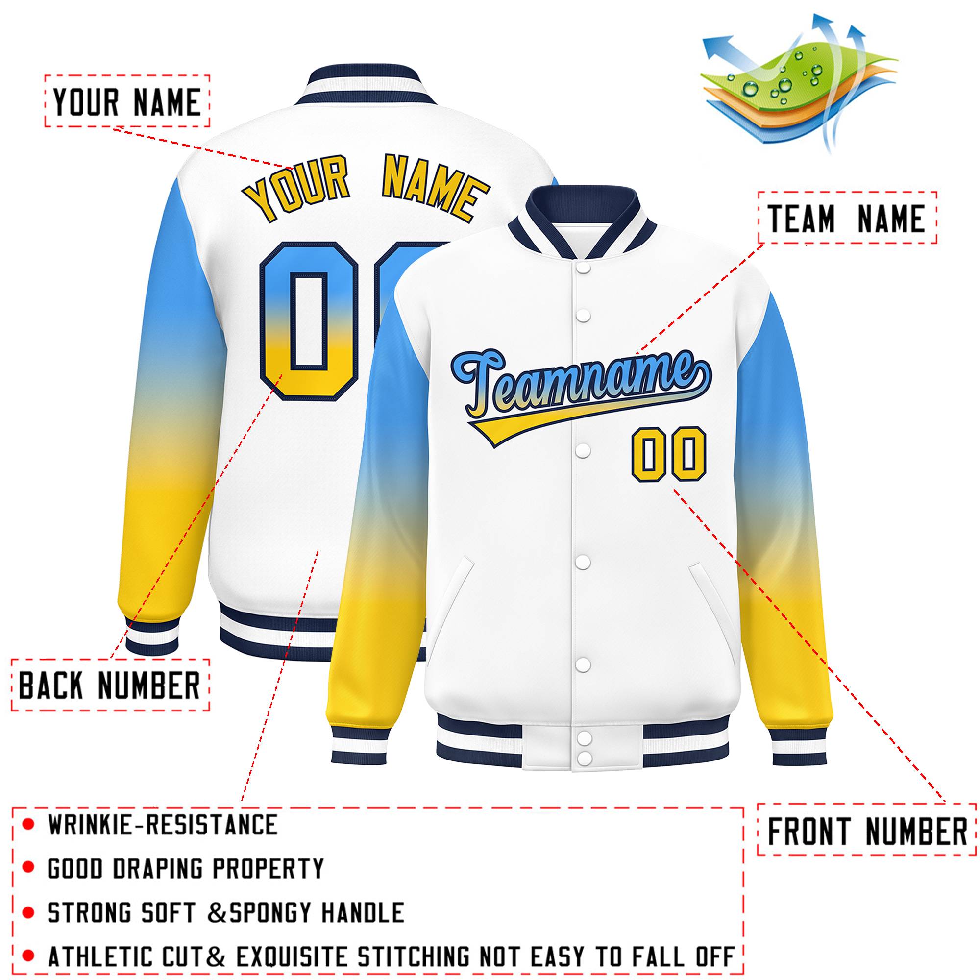 Custom White Powder Blue-Gold Gradient Varsity Full-Snap Raglan Sleeves Baseball Jacket