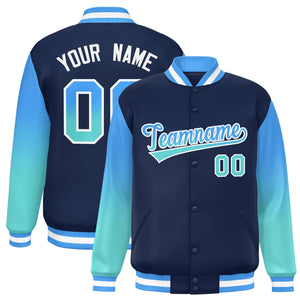 Custom Navy Powder Blue-Bright Green Gradient Varsity Full-Snap Raglan Sleeves Baseball Jacket