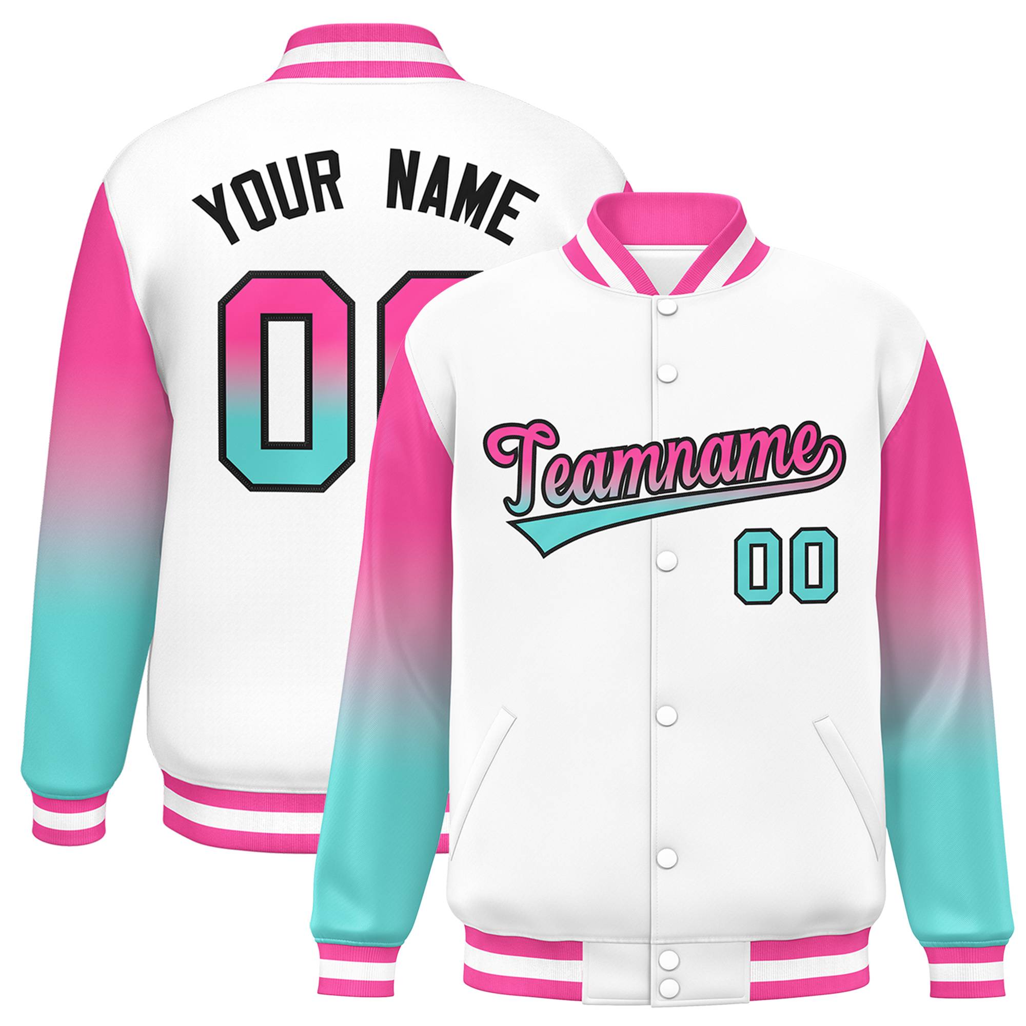 Custom White Pink-Bright Green Gradient Varsity Full-Snap Raglan Sleeves Baseball Jacket