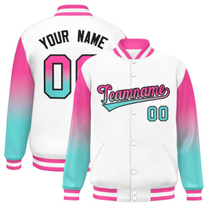 Custom White Pink-Bright Green Gradient Varsity Full-Snap Raglan Sleeves Baseball Jacket