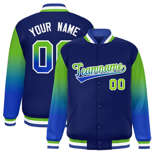 Custom Navy Neon Green-Royal Gradient Varsity Full-Snap Raglan Sleeves Baseball Jacket