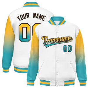 Custom White Yellow-Aqua Gradient Varsity Full-Snap Raglan Sleeves Baseball Jacket