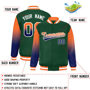 Custom Green Orange-Navy Gradient Varsity Full-Snap Raglan Sleeves Baseball Jacket