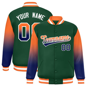 Custom Green Orange-Navy Gradient Varsity Full-Snap Raglan Sleeves Baseball Jacket