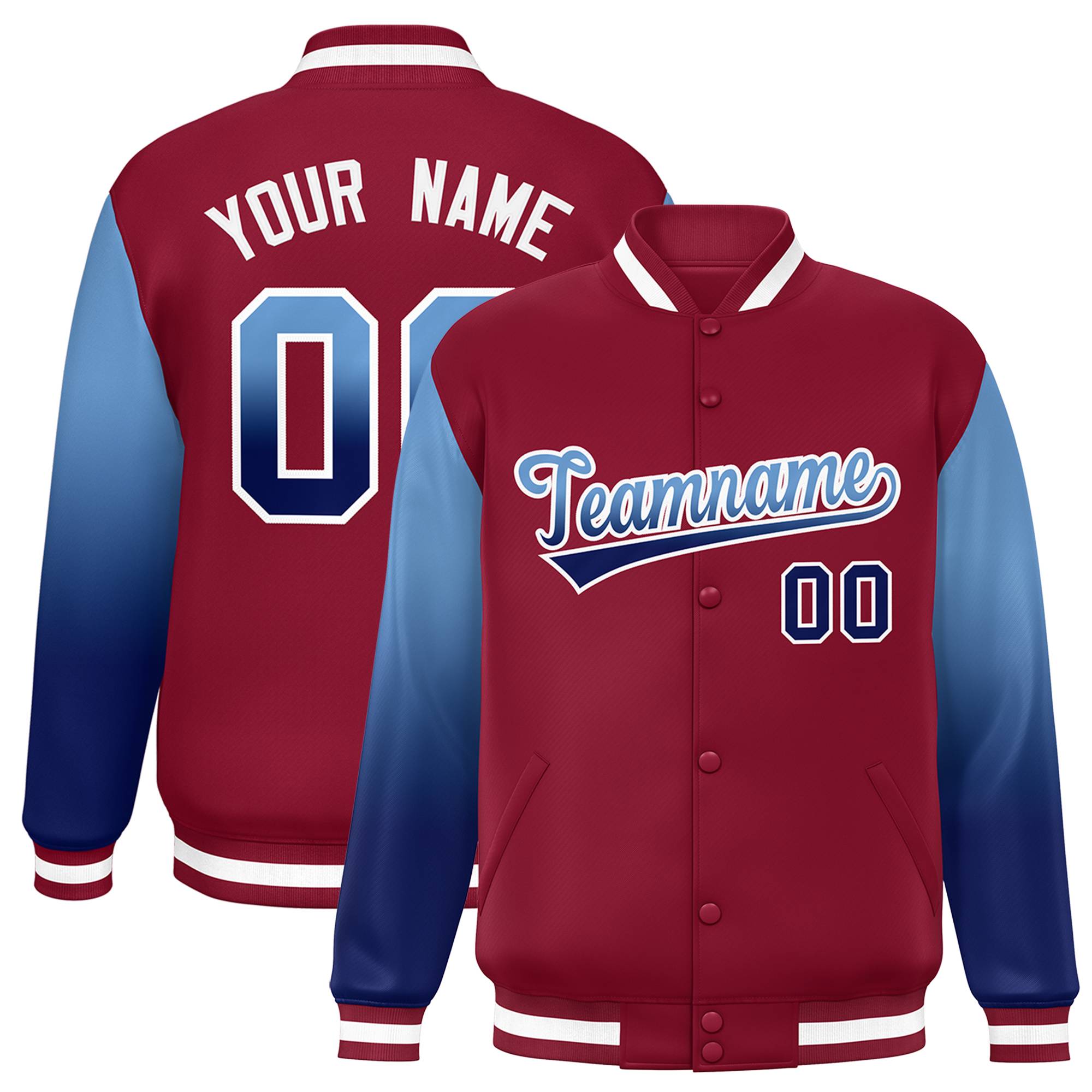 Custom Crimson Light Blue-Navy Gradient Varsity Full-Snap Raglan Sleeves Baseball Jacket