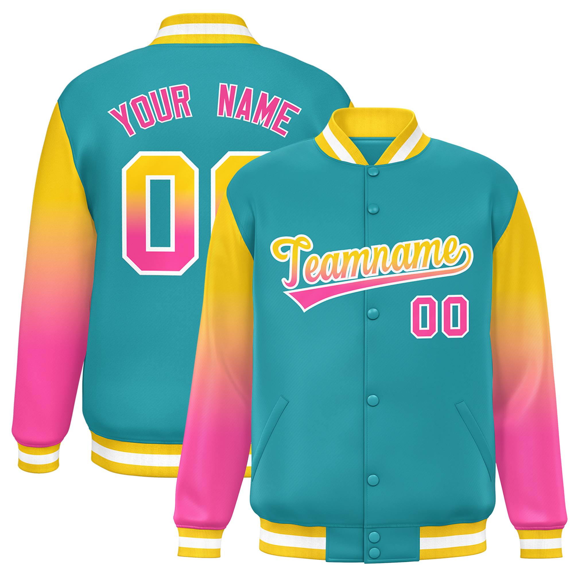 Custom Aqua Gold-Pink Gradient Varsity Full-Snap Raglan Sleeves Baseball Jacket