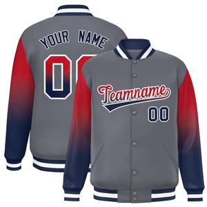 Custom Dark Gray Red-Navy Gradient Varsity Full-Snap Raglan Sleeves Baseball Jacket