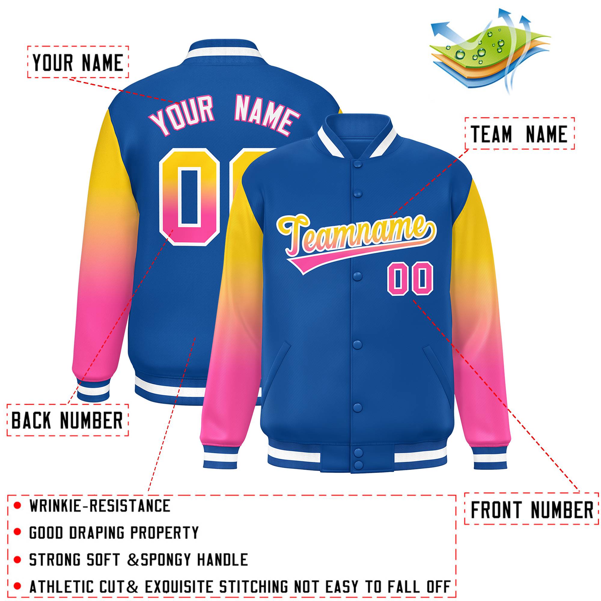 Custom Royal Gold-Pink Gradient Varsity Full-Snap Raglan Sleeves Baseball Jacket