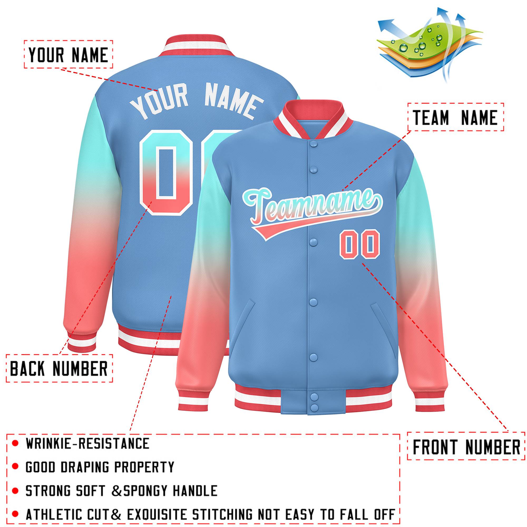 Custom Light Blue Bright Green-Light Red Gradient Varsity Full-Snap Raglan Sleeves Baseball Jacket