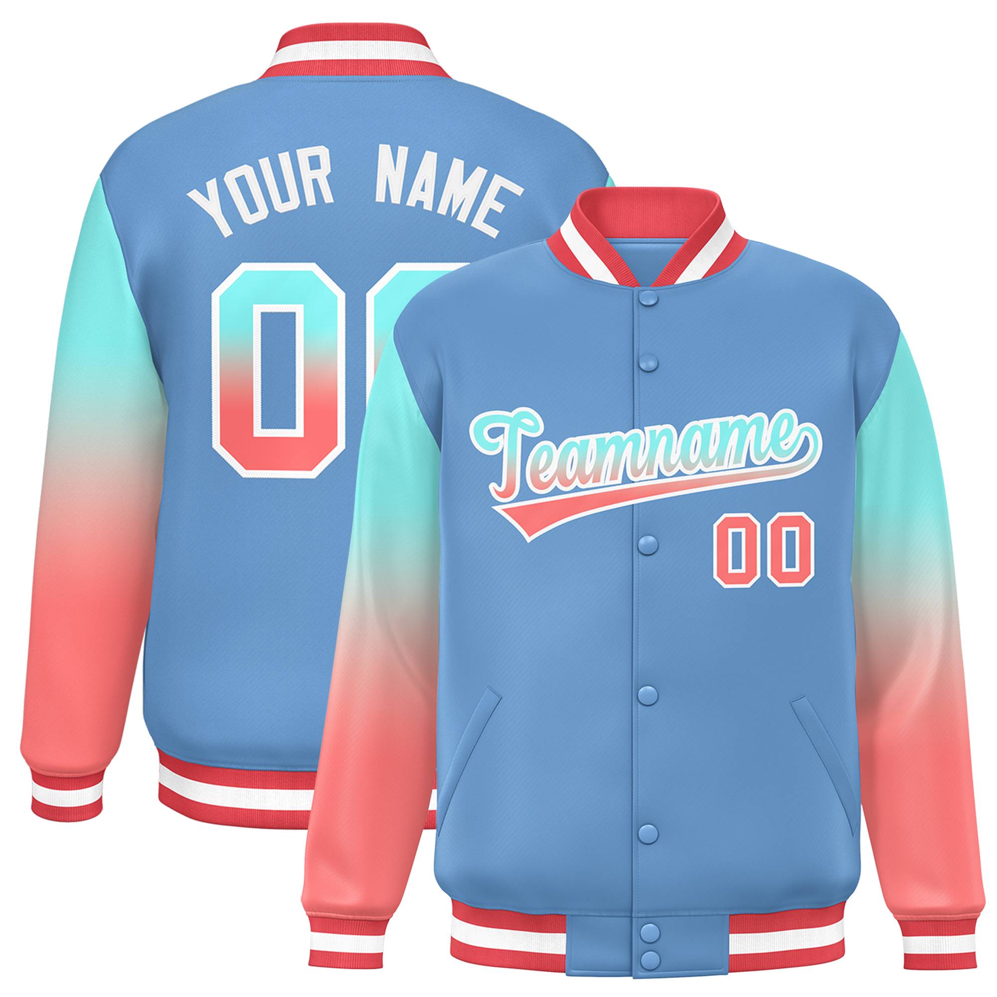 Custom Light Blue Bright Green-Light Red Gradient Varsity Full-Snap Raglan Sleeves Baseball Jacket