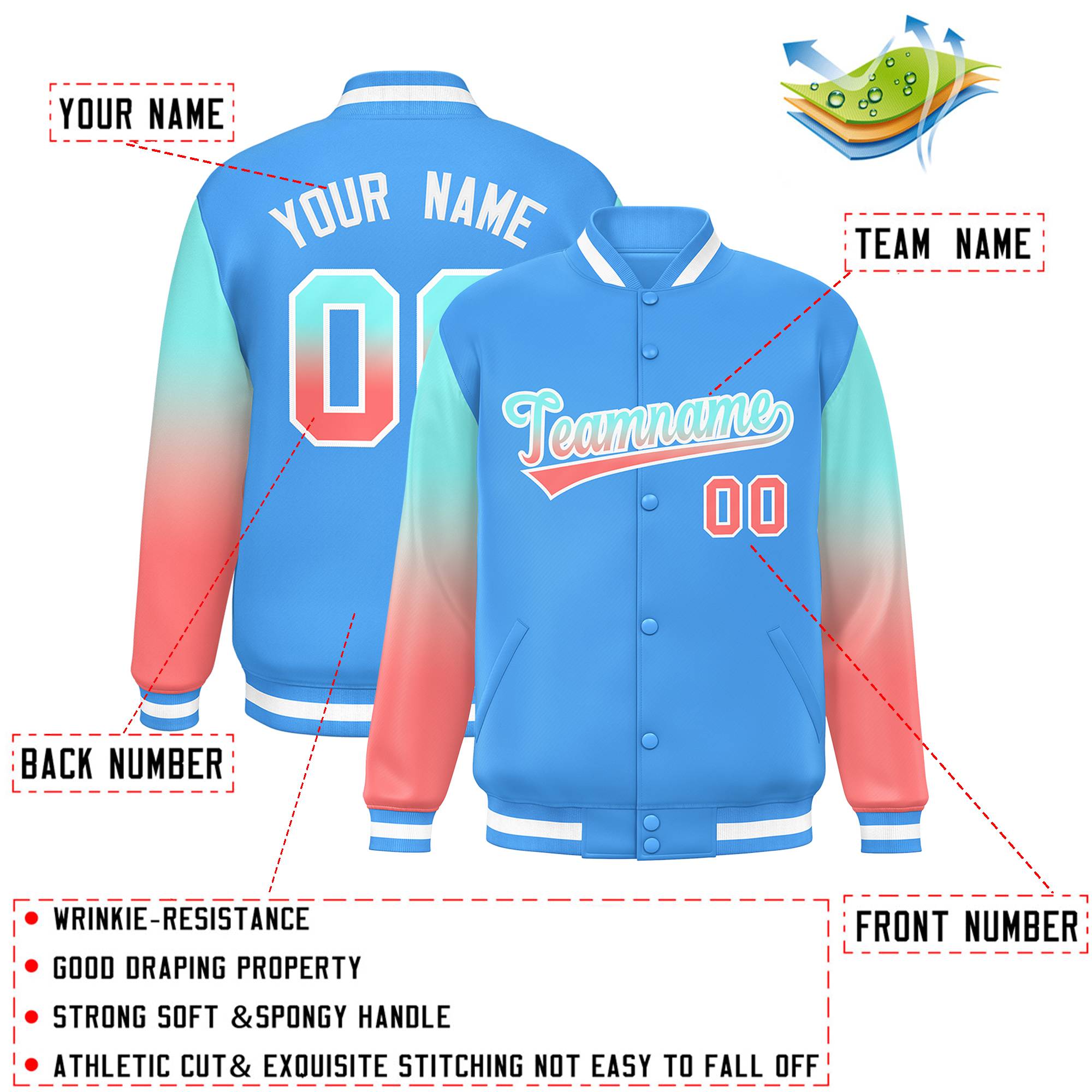 Custom Powder Blue Bright Green-Light Red Gradient Varsity Full-Snap Raglan Sleeves Baseball Jacket