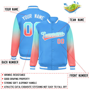 Custom Powder Blue Bright Green-Light Red Gradient Varsity Full-Snap Raglan Sleeves Baseball Jacket