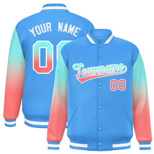 Custom Powder Blue Bright Green-Light Red Gradient Varsity Full-Snap Raglan Sleeves Baseball Jacket