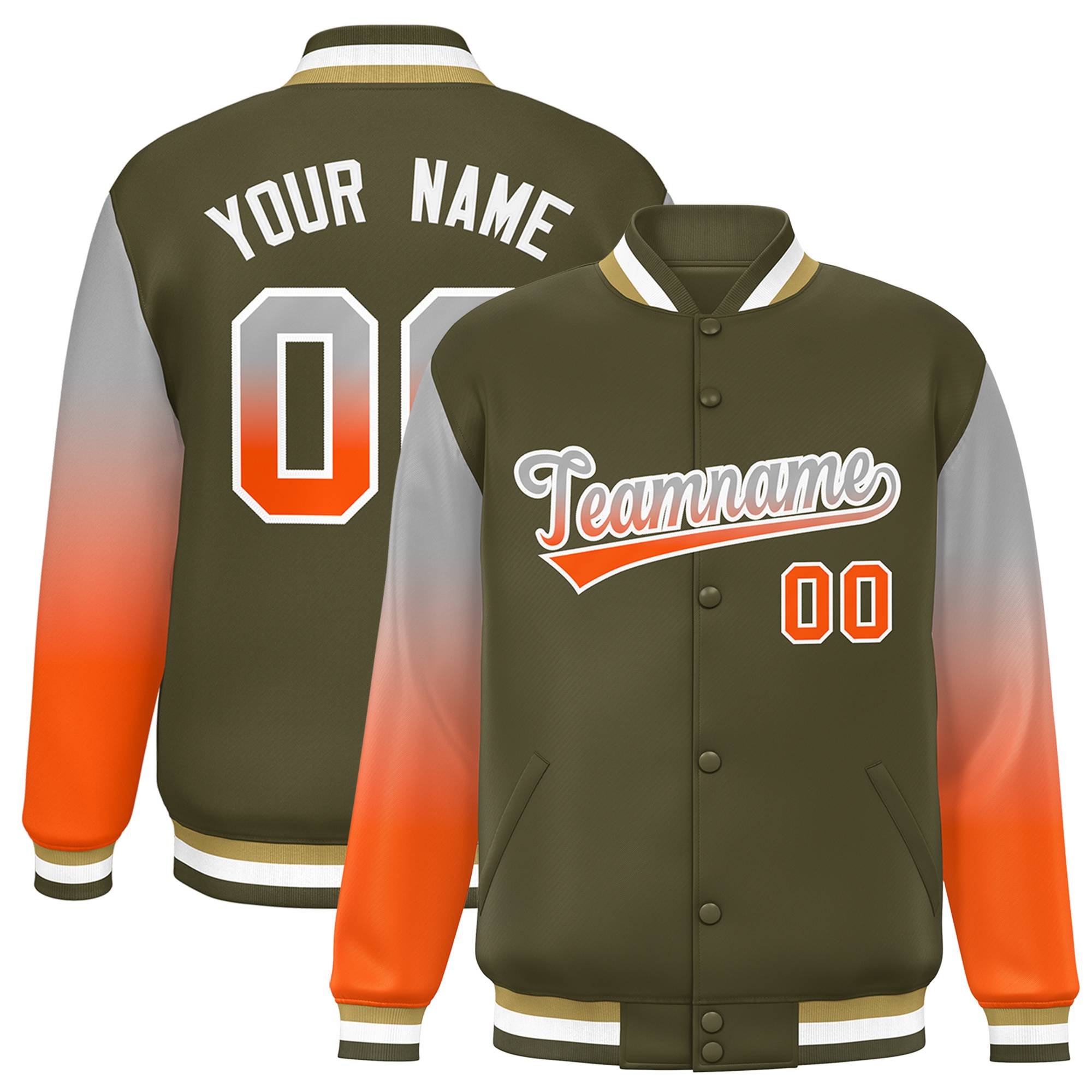 Custom Olive Gray-Orange Gradient Varsity Full-Snap Raglan Sleeves Baseball Jacket