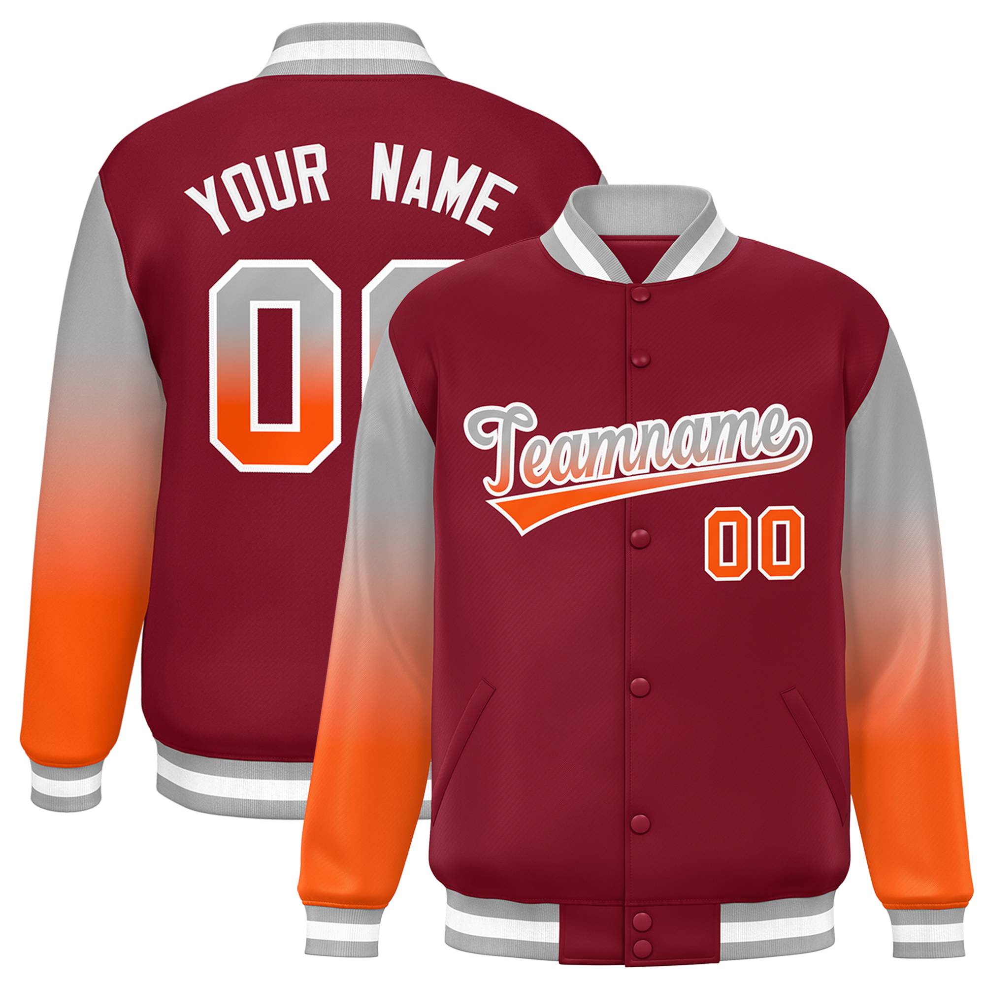 Custom Crimson Gray-Orange Gradient Varsity Full-Snap Raglan Sleeves Baseball Jacket