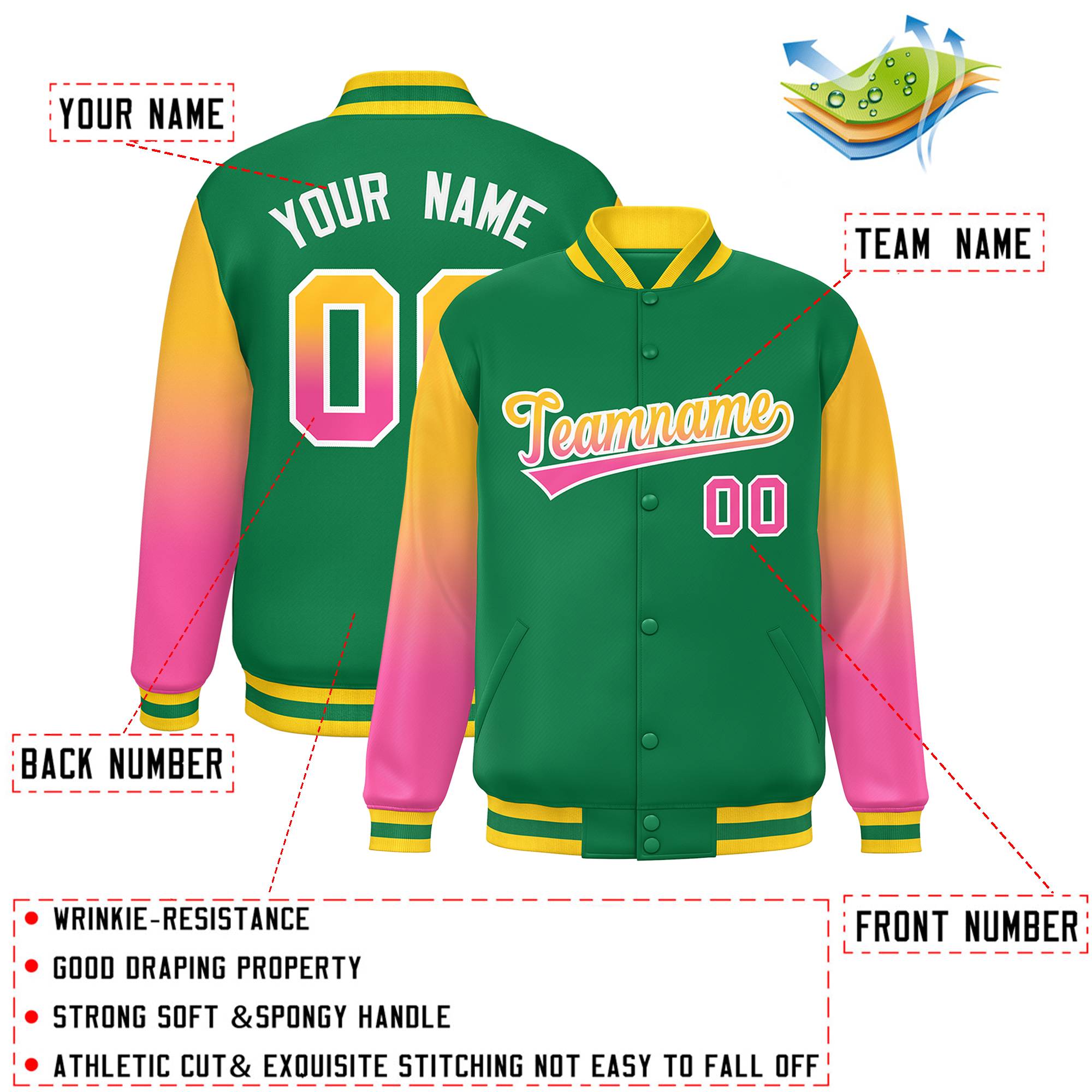 Custom Kelly Green Yellow-Pink Gradient Varsity Full-Snap Raglan Sleeves Baseball Jacket