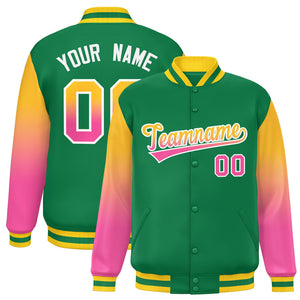 Custom Kelly Green Yellow-Pink Gradient Varsity Full-Snap Raglan Sleeves Baseball Jacket