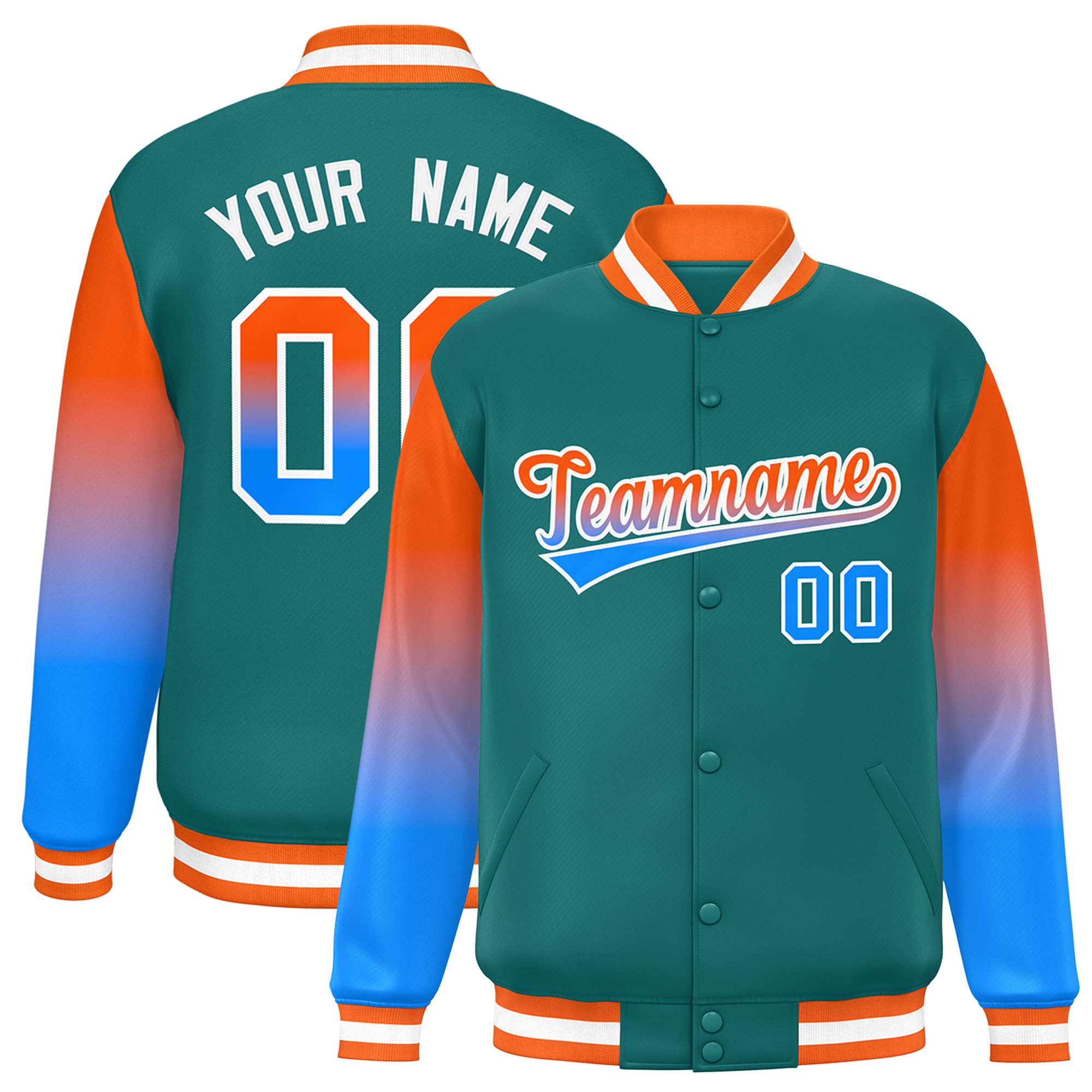 Custom Aqua Orange-Powder Blue Gradient Varsity Full-Snap Raglan Sleeves Baseball Jacket