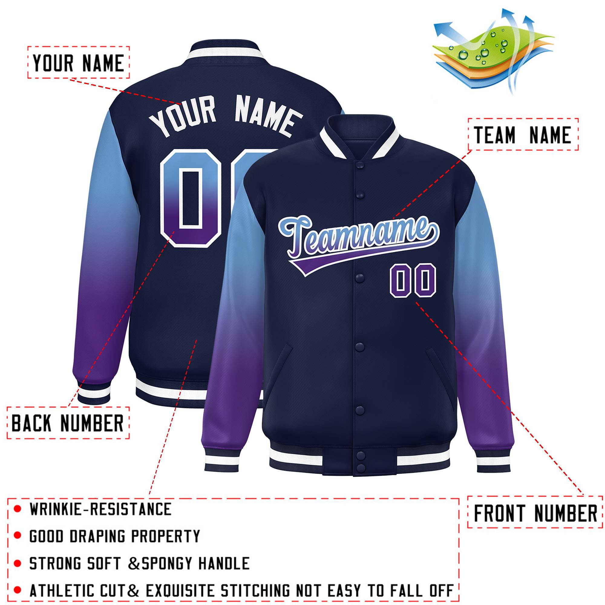 Custom Navy Light Blue-Purple Gradient Varsity Full-Snap Raglan Sleeves Baseball Jacket