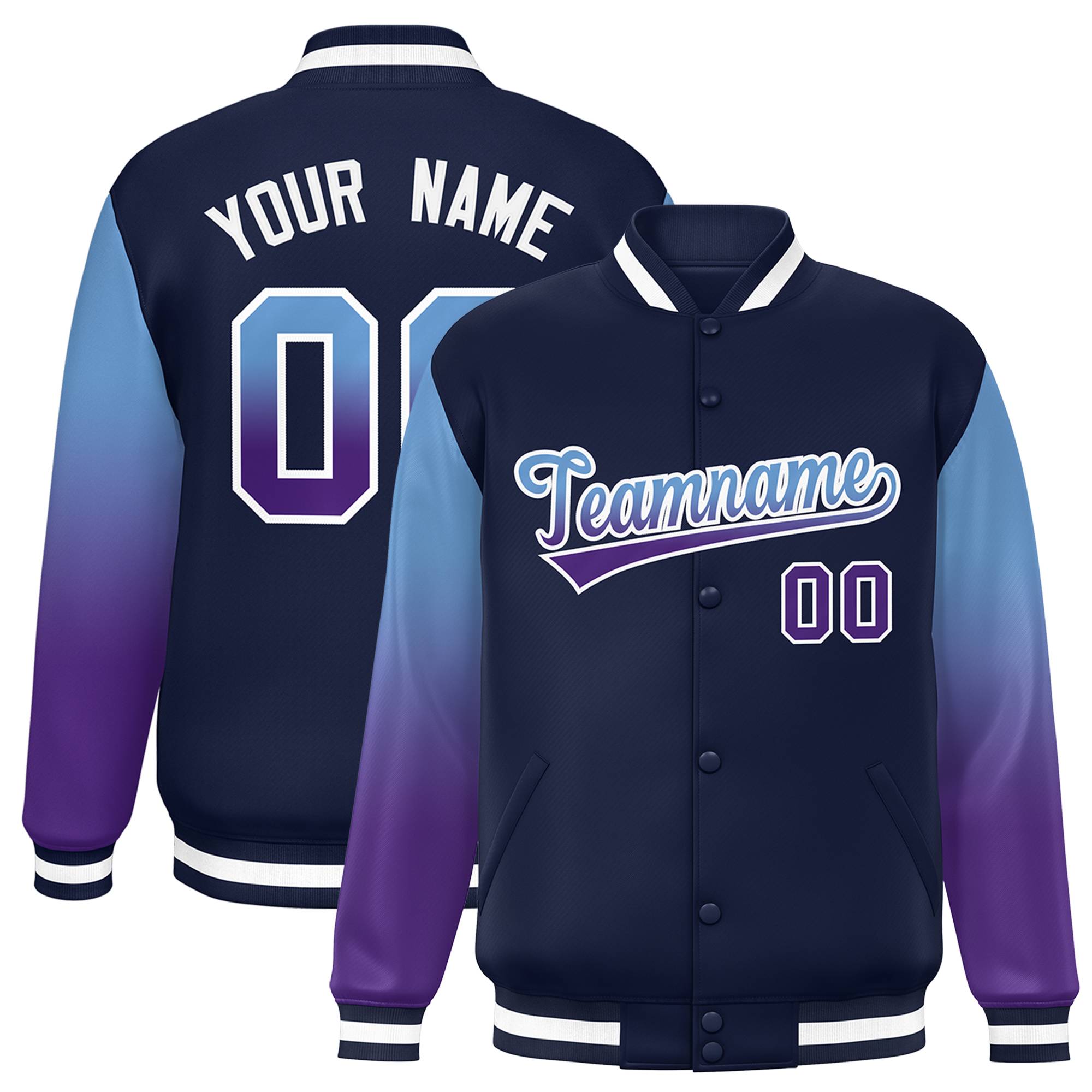 Custom Navy Light Blue-Purple Gradient Varsity Full-Snap Raglan Sleeves Baseball Jacket