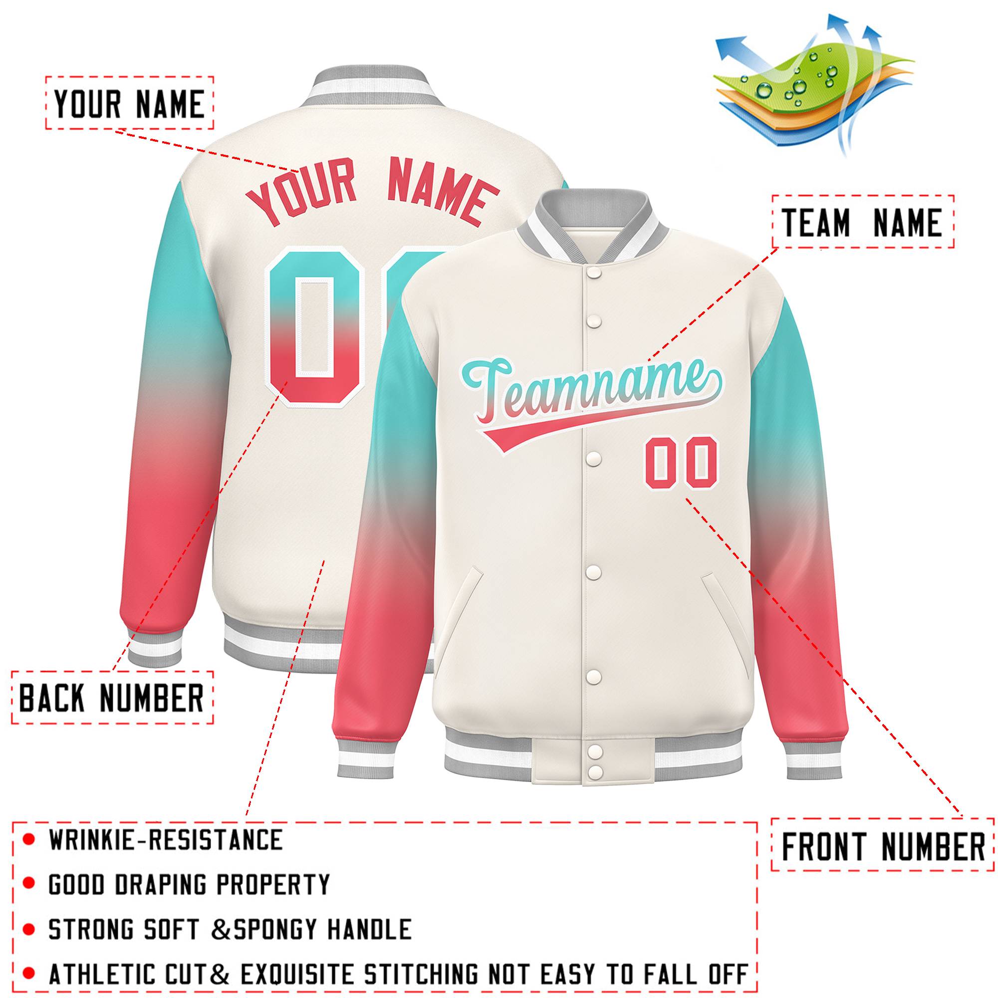 Custom White Bright Green-Light Red Gradient Varsity Full-Snap Raglan Sleeves Baseball Jacket