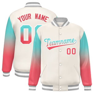 Custom White Bright Green-Light Red Gradient Varsity Full-Snap Raglan Sleeves Baseball Jacket