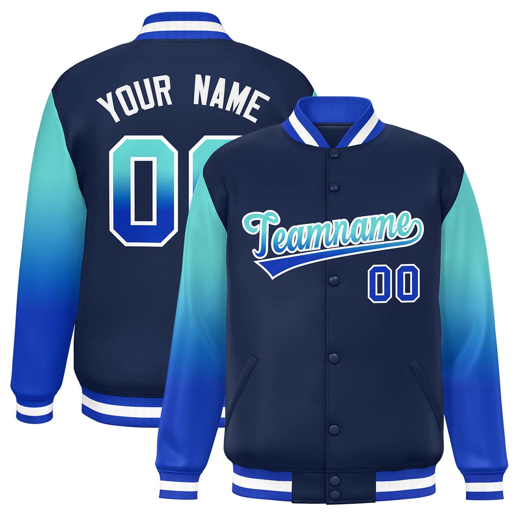 Custom Navy Bright Green-Royal Gradient Varsity Full-Snap Raglan Sleeves Baseball Jacket