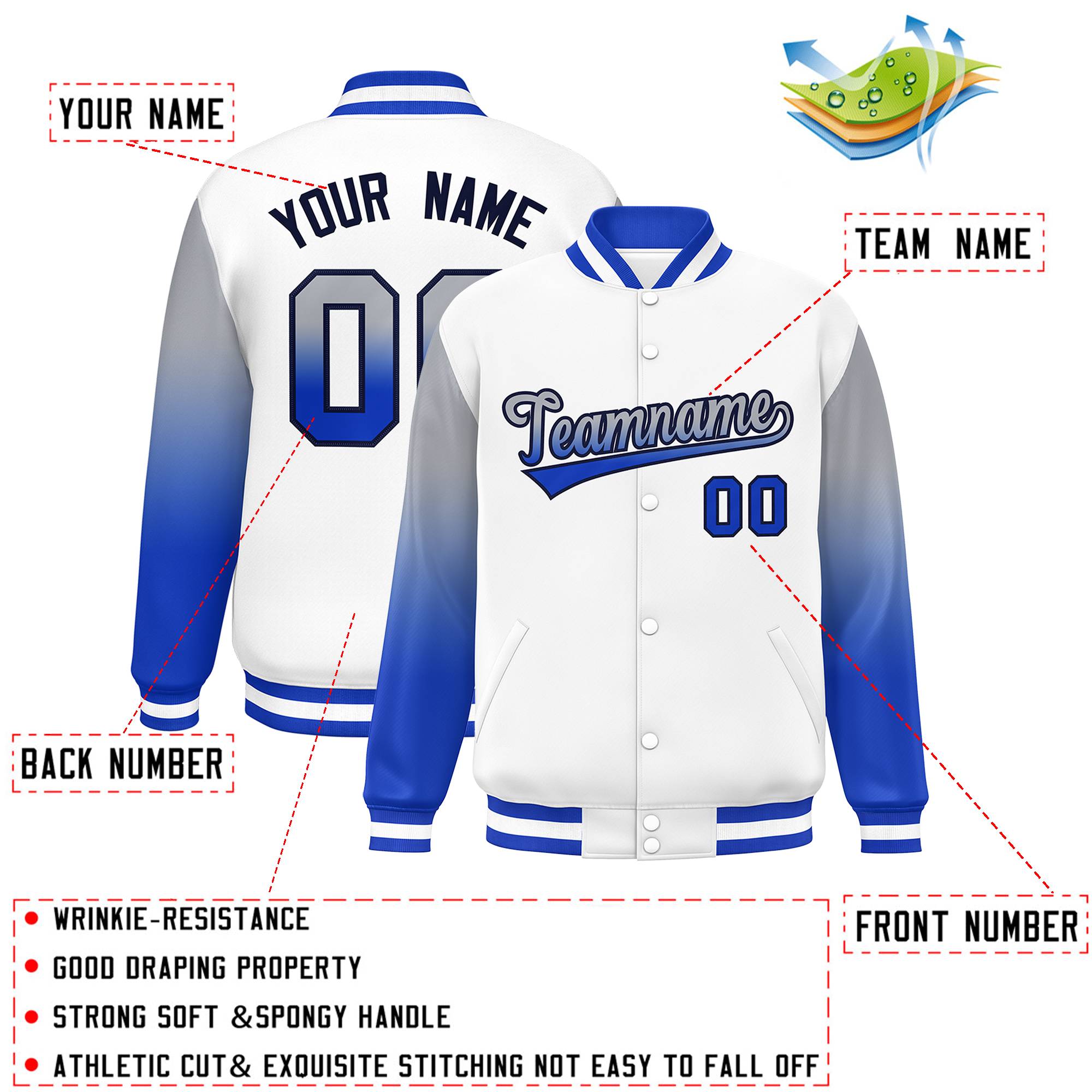 Custom White Gray-Royal Gradient Varsity Full-Snap Raglan Sleeves Baseball Jacket