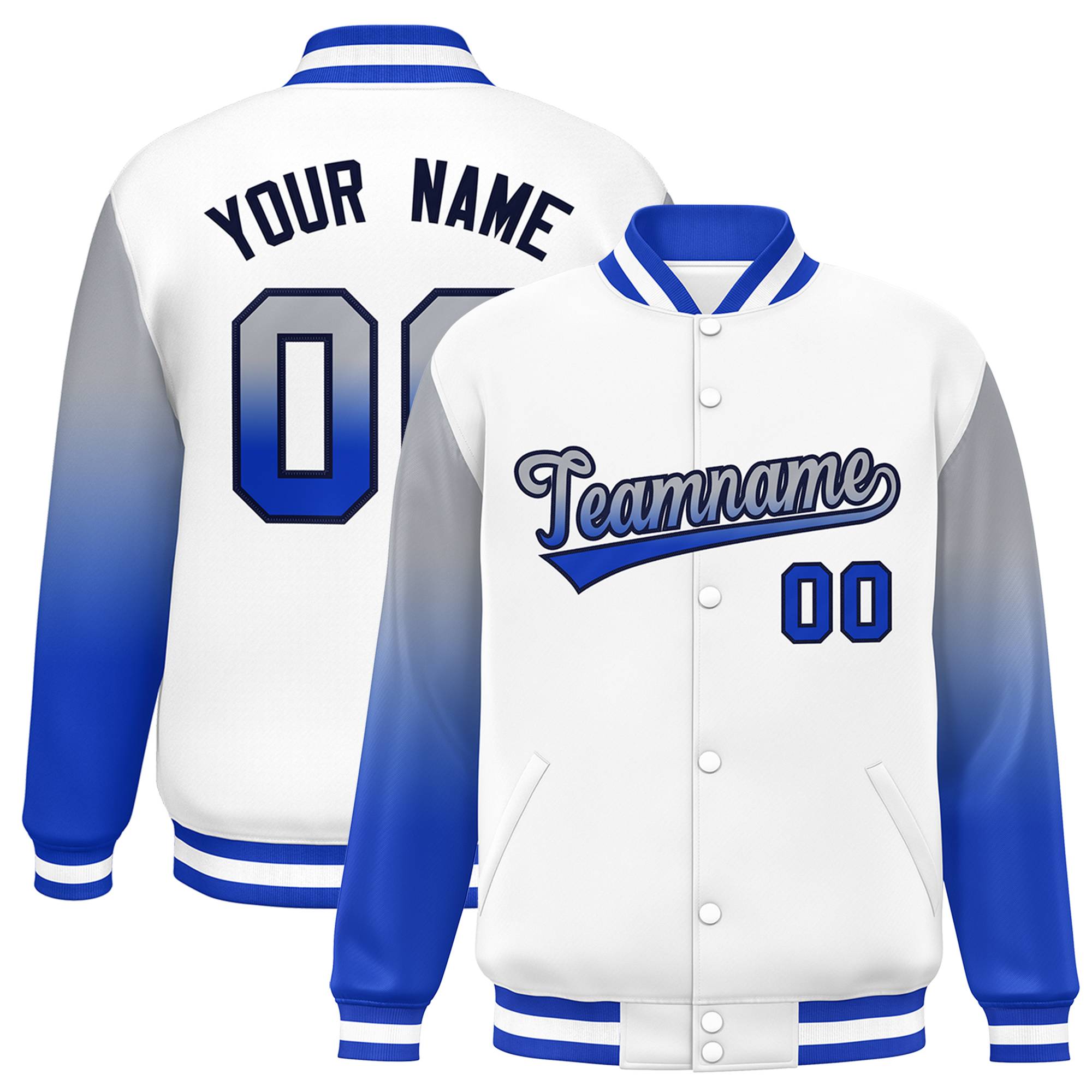 Custom White Gray-Royal Gradient Varsity Full-Snap Raglan Sleeves Baseball Jacket